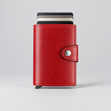 Porte-carte automatique en cuir – rouge sur bois