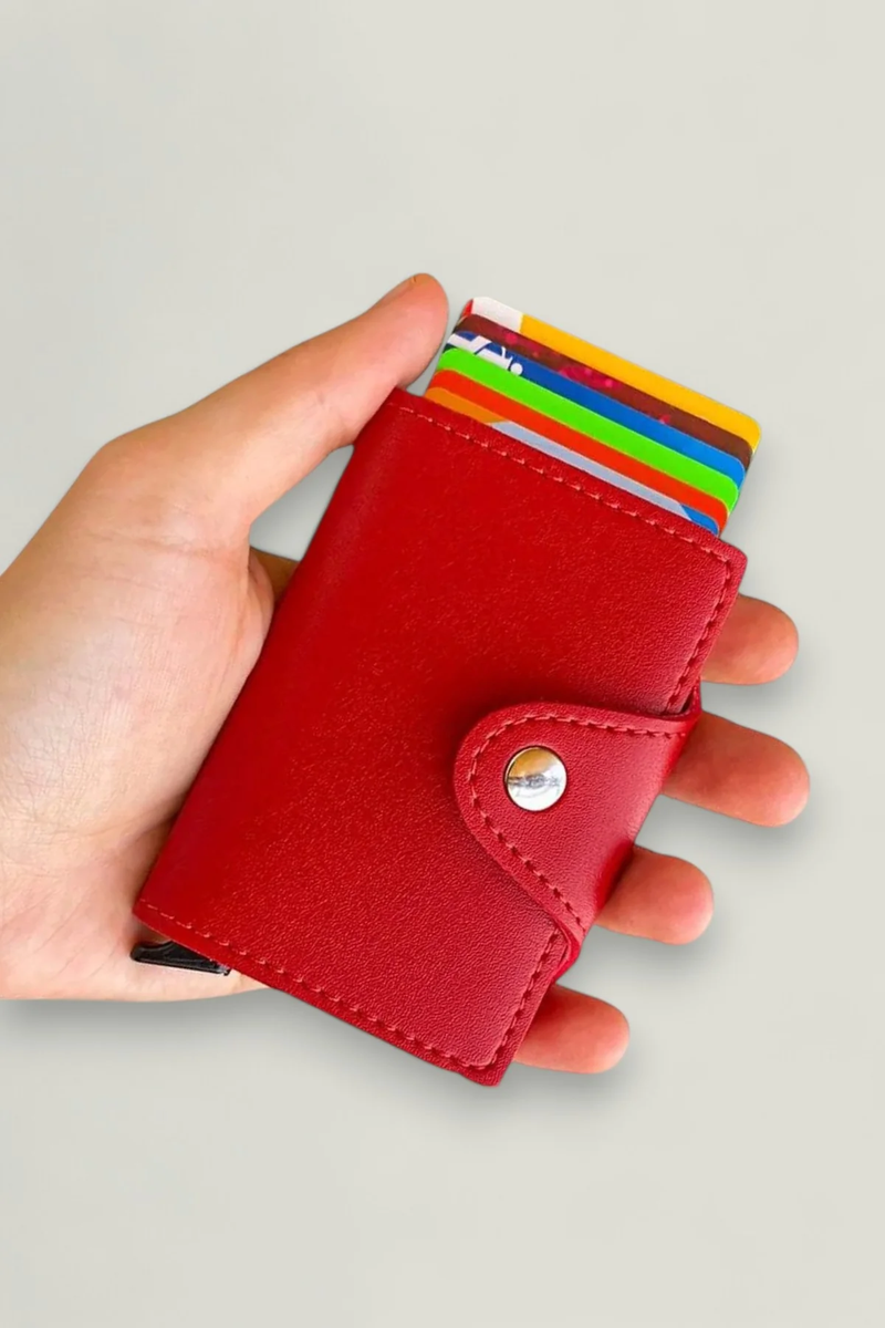 Porte-carte automatique en cuir – rouge sur fond blanc