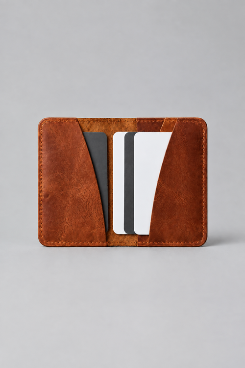 Porte-Cartes Double Poche Cuir – cognac sur tabouret