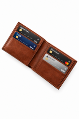 Portefeuille homme en cuir avec porte-monnaie – cognac, ouvert