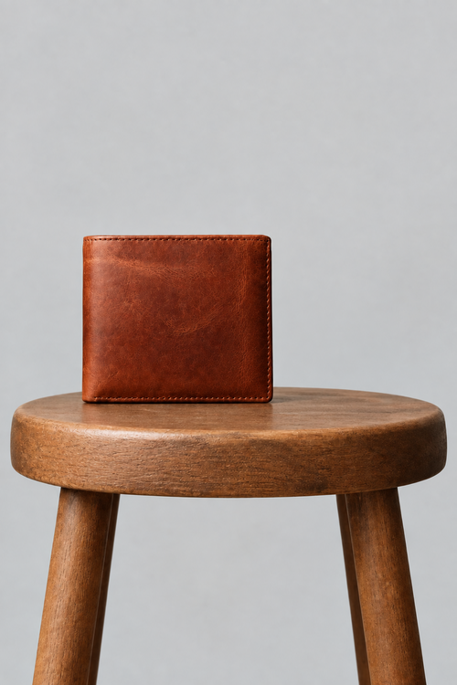 Portefeuille homme en cuir avec porte-monnaie – cognac, sur tabouret