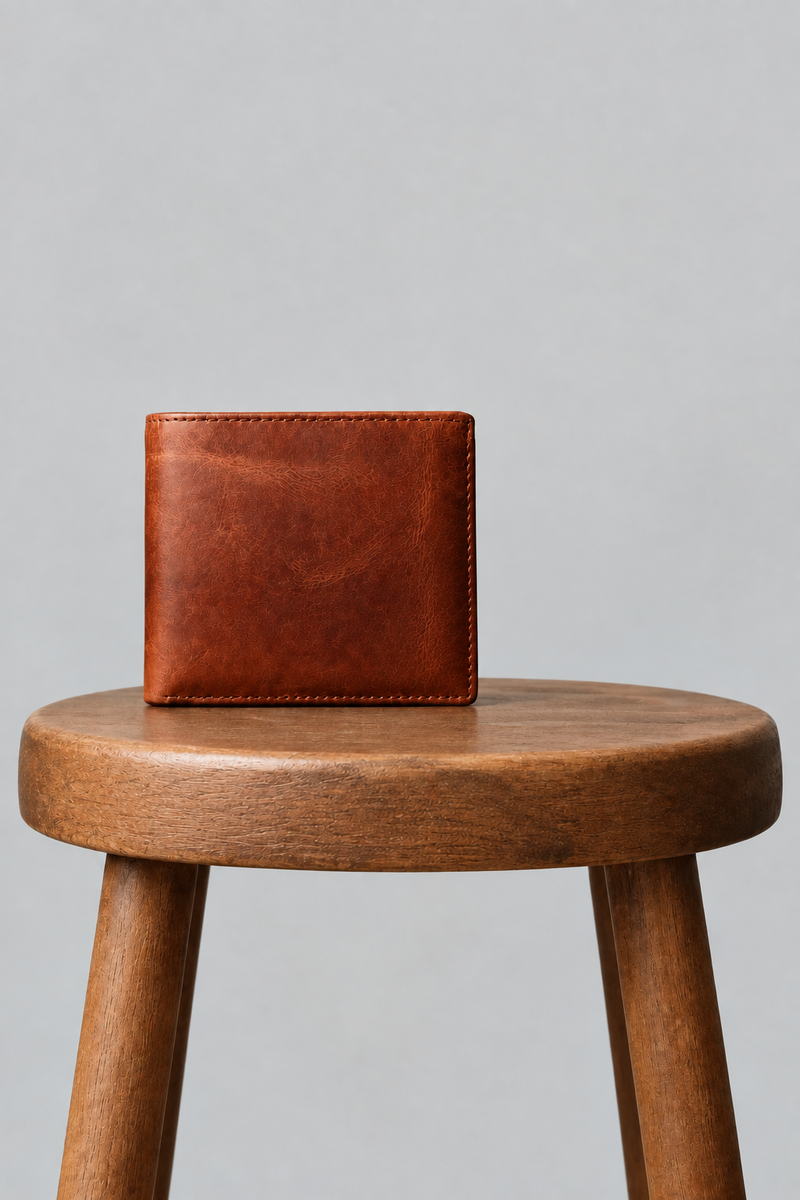 Portefeuille homme en cuir avec porte-monnaie – cognac, sur tabouret