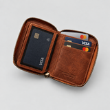 Portefeuille zippé homme en cuir – cognac, ouvert (vue 2)