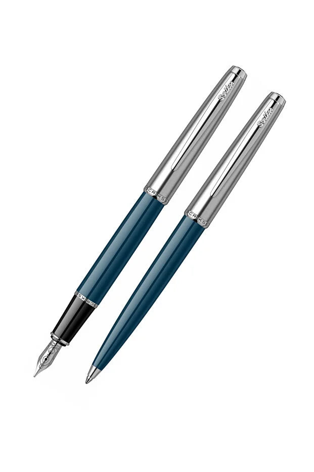Stylo personnalisé mariage : parure stylo-plume et stylo bille Scrikss bleu nuit à capuchon chromé