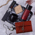 Thermos personnalisé en coffret : thermos rouge, mug noir mat, stylo rouge, chocolat en kraft et carnet vintage marron