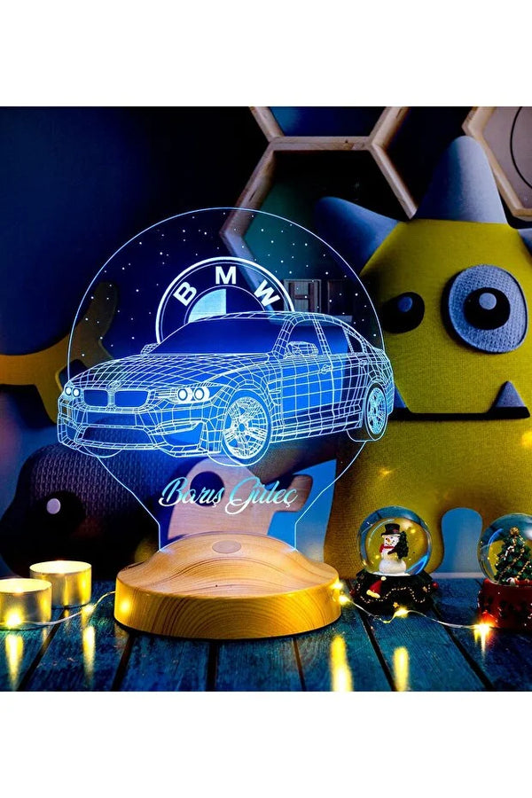 Veilleuse personnalisée voiture LED — gravée au prénom, socle bois | CréaBySana