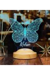 Veilleuse personnalisée prénom papillon — lumière LED 7 couleurs & socle bois CréaBySana