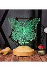 Veilleuse personnalisée prénom papillon — lumière LED 7 couleurs & socle bois CréaBySana